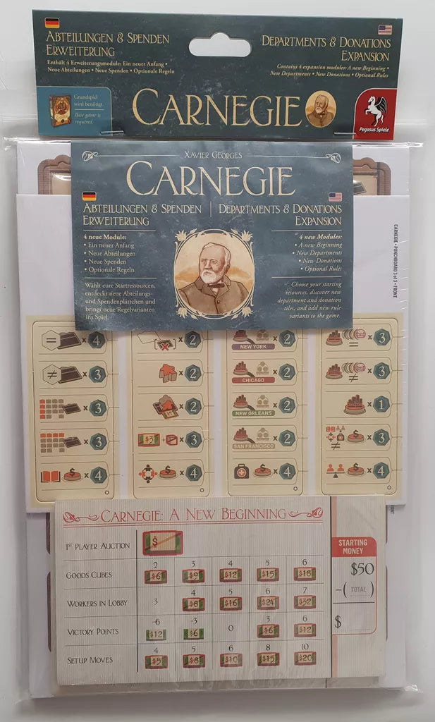 Photo of the Carnegie: Departments and Donations Expansion by Quined Games, showing its packaging with donation tiles, cardboard punchboards with tokens, instruction sheets, and scoring/reference boards.