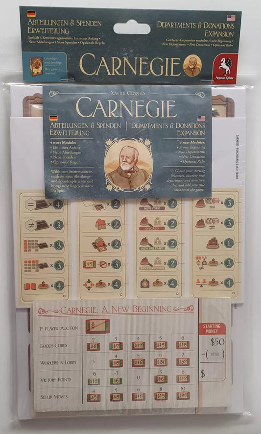 Photo of the Carnegie: Departments and Donations Expansion by Quined Games, showing its packaging with donation tiles, cardboard punchboards with tokens, instruction sheets, and scoring/reference boards.