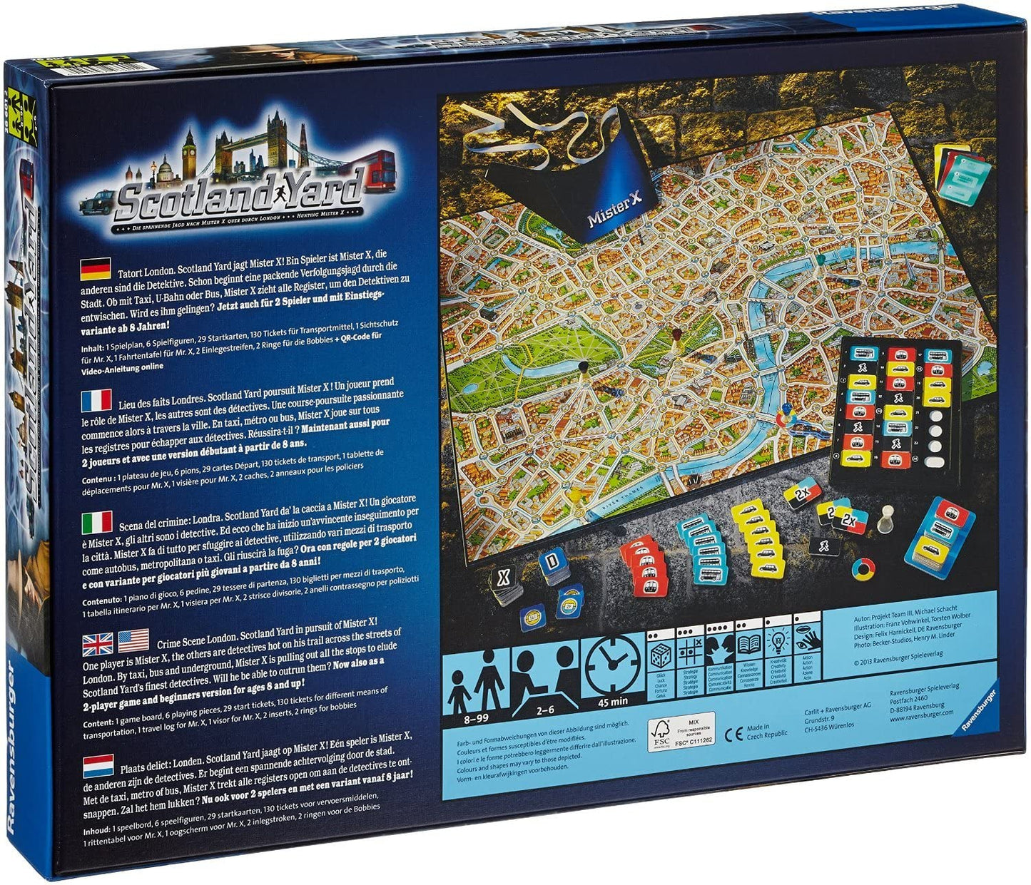 The back of the Ravensburger Scotland Yard EN/DE/FR/IT/NL box shows the London map board, tokens, cards, and components, with descriptions in several languages along the left side.