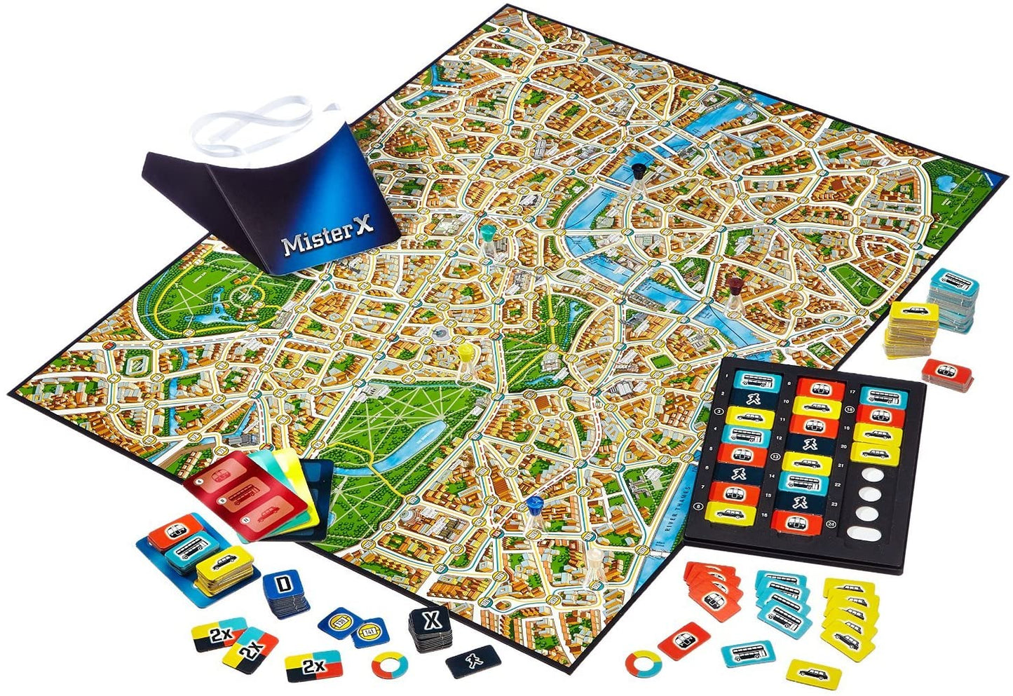The Ravensburger Scotland Yard EN/DE/FR/IT/NL board game set includes a detailed London map, tickets, cards, tokens, a Mister X screen, and move-tracking pad—displayed neatly on a white background.