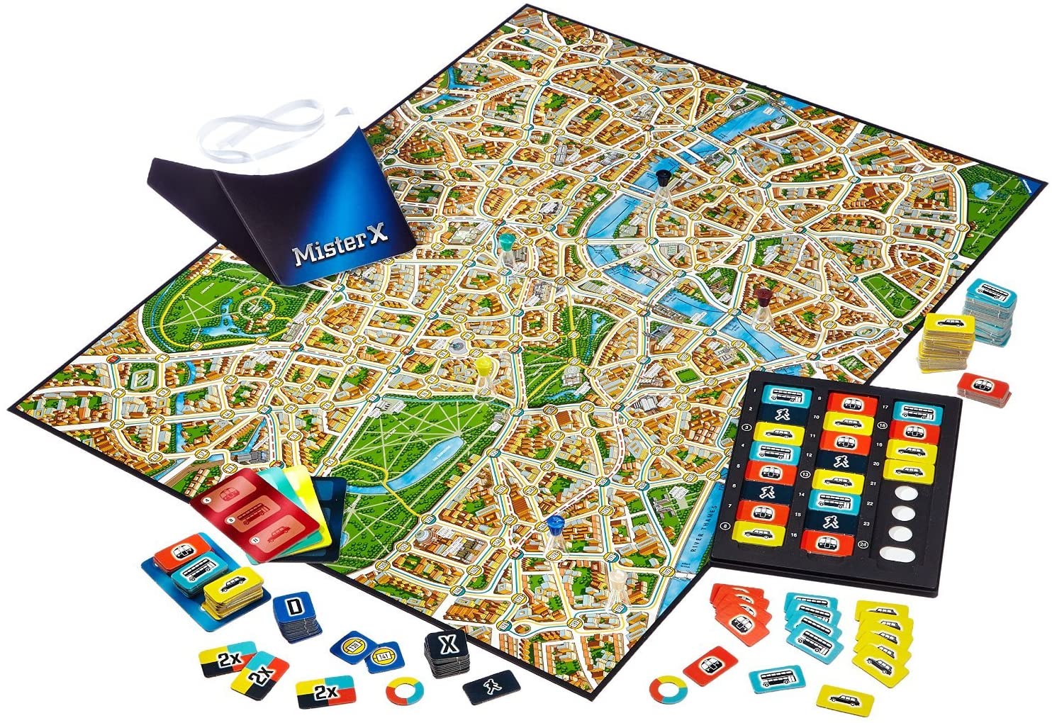 The Ravensburger Scotland Yard EN/DE/FR/IT/NL board game set includes a detailed London map, tickets, cards, tokens, a Mister X screen, and move-tracking pad—displayed neatly on a white background.