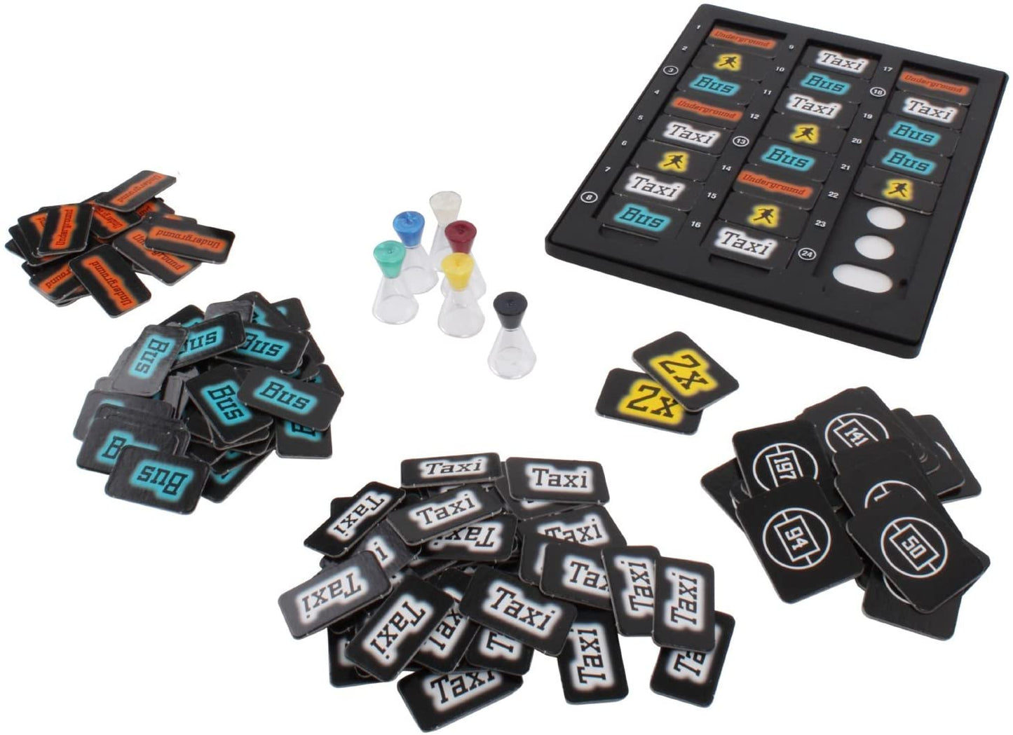 The Ravensburger Scotland Yard EN/DE/FR/IT/NL board game features a black London map board, colored sand timers, and tiles labeled “Taxi,” “Bus,” “2x,” and more, inspired by classic deduction games.