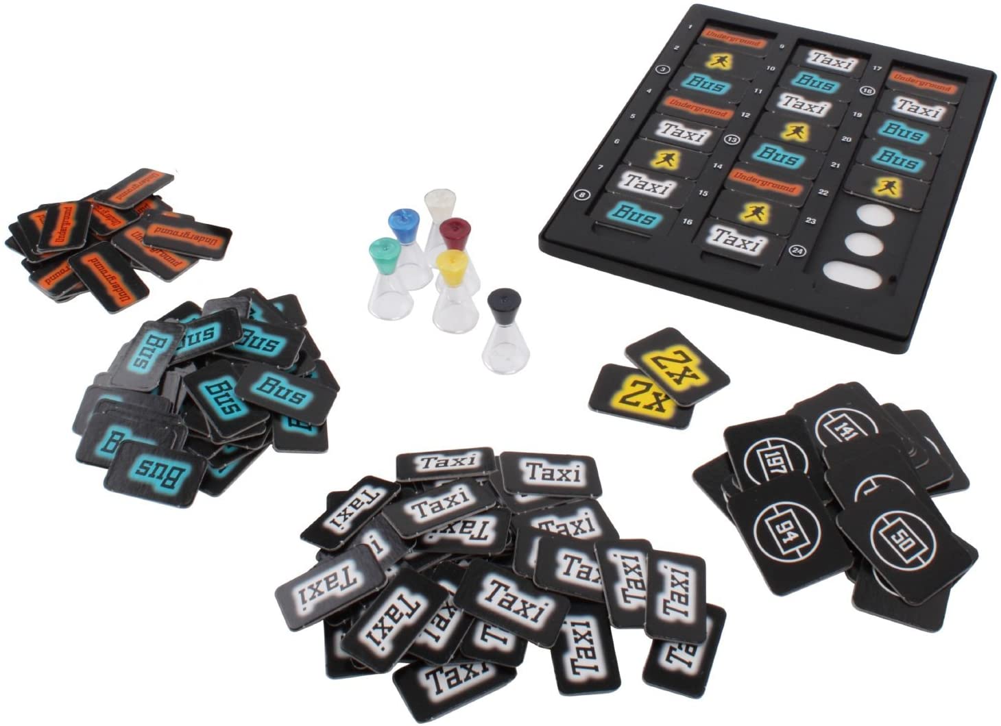 The Ravensburger Scotland Yard EN/DE/FR/IT/NL board game features a black London map board, colored sand timers, and tiles labeled “Taxi,” “Bus,” “2x,” and more, inspired by classic deduction games.