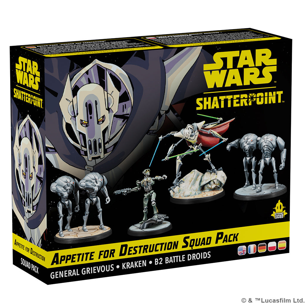 Box for Star Wars: Shatterpoint – Appetite for Destruction Squad Pack by Atomic Mass Games, featuring General Grievous and Separatist Droid Army miniatures with product branding and figure images on the front.