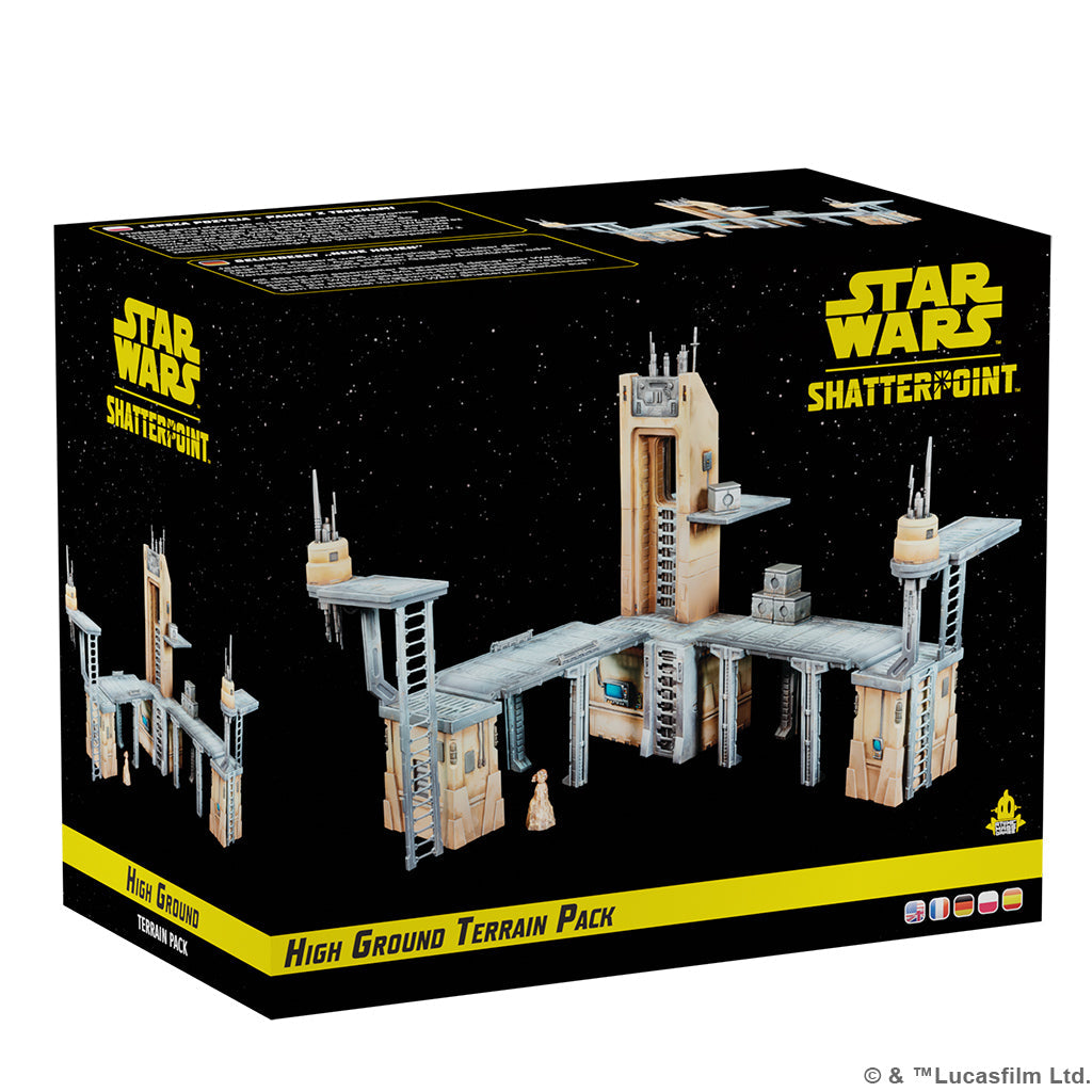The Star Wars: Shatterpoint - High Ground Terrain Pack box by Atomic Mass Games features platforms, towers, and ladders set against a space backdrop, with Star Wars and Shatterpoint logos prominently displayed.