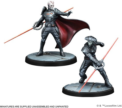 The Star Wars: Shatterpoint – Jedi Hunters Squad Pack by Atomic Mass Games includes two unpainted miniatures in black armor with double-bladed red lightsabers—ideal for recreating Grand Inquisitor battles. One stands caped, the other crouches on round bas