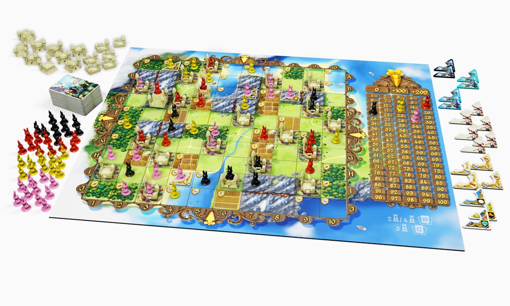 Bunny Kingdom by Iello features a vibrant board setup with a central game board, red, yellow, pink, and black player pieces like rabbit clans, tokens, cards, and score tracks—all organized neatly on a white surface.