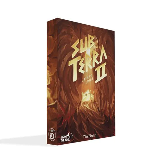 The image shows the box for Sub Terra II: Inferno's Edge – Arima's Light Expansion by ITB, introducing new characters and expanding the mysterious cave adventure seen in its bold, dark cover art.