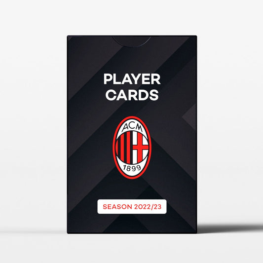 The Superclub: AC Milan Player Cards 2022/23 by Superclub is a sleek black deck box with PLAYER CARDS text and the AC Milan logo, marked SEASON 2022/23—a must-have for collectors and devoted AC Milan fans.