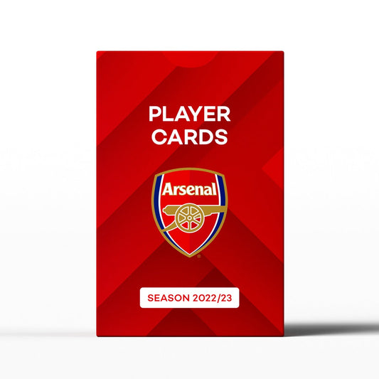 The Superclub: Arsenal Player Cards 2022/23 by Superclub features a red box with the club logo, bold diagonal stripes, and contains collectible cards of Arsenal’s first team squad for the 2022/23 season.