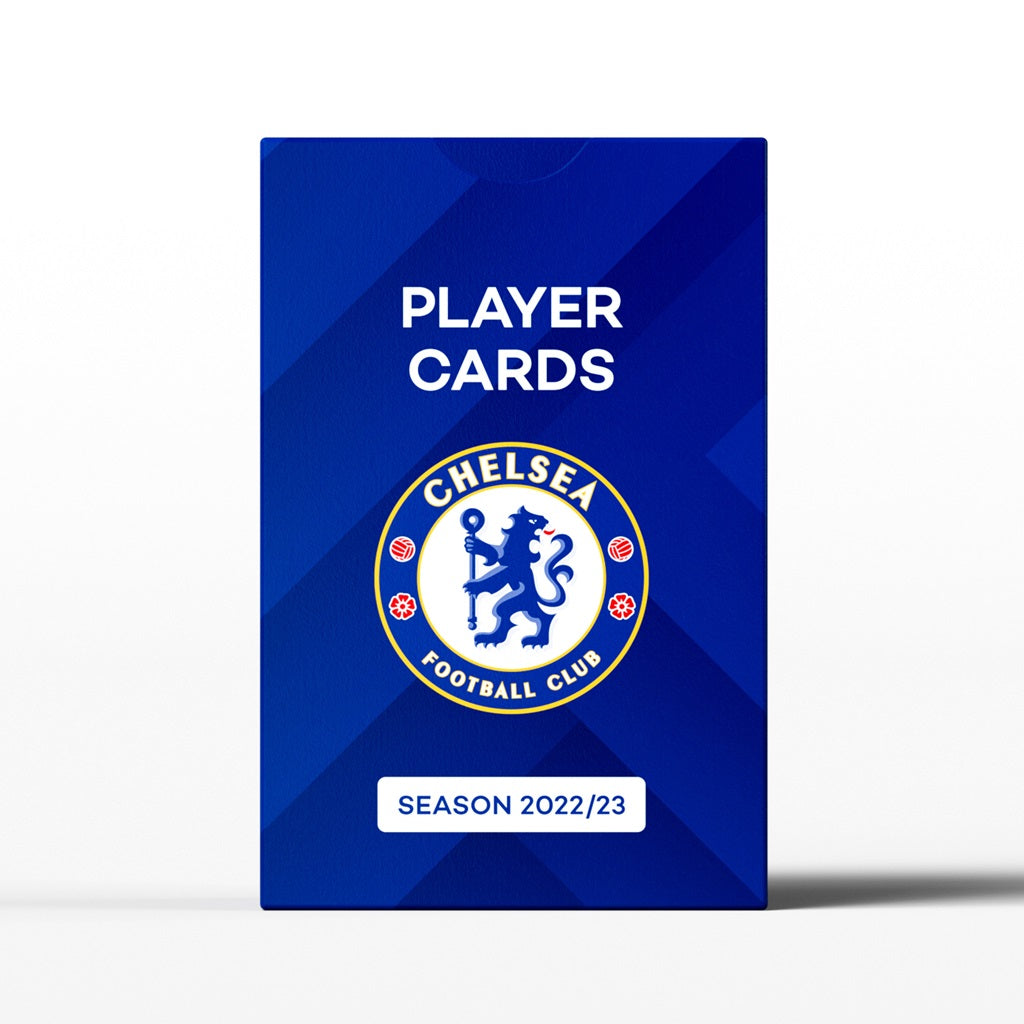 The Superclub: Chelsea Player Cards 2022/23 box by Superclub shows the Chelsea logo and season on a blue background, highlighting collectible cards of top players, all displayed against a clean white backdrop.