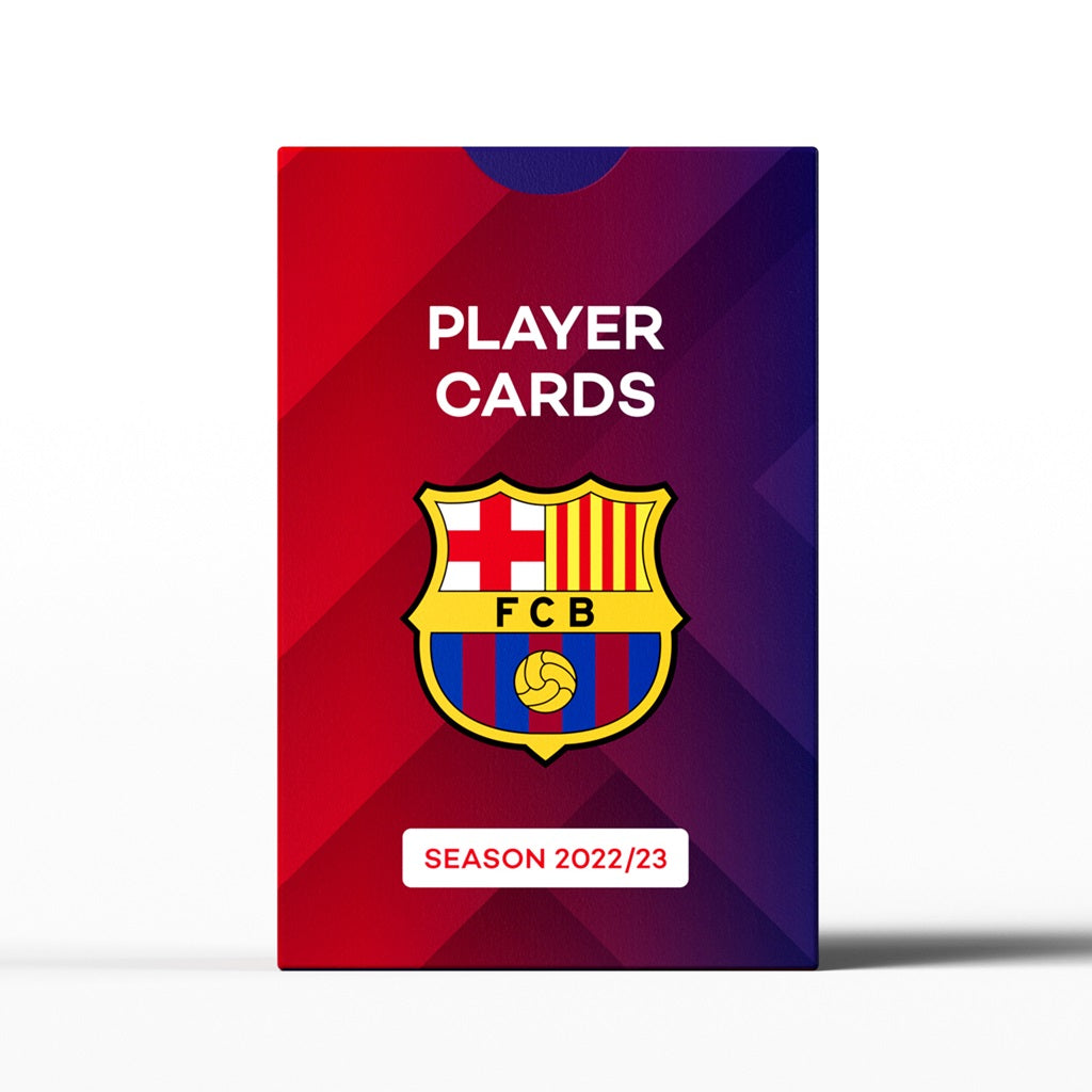 Superclub: FC Barcelona Player Cards 2022/23 by Superclub features collectible cards of the 2022/23 squad, with the club crest on a red and blue geometric background and "PLAYER CARDS" above the logo.