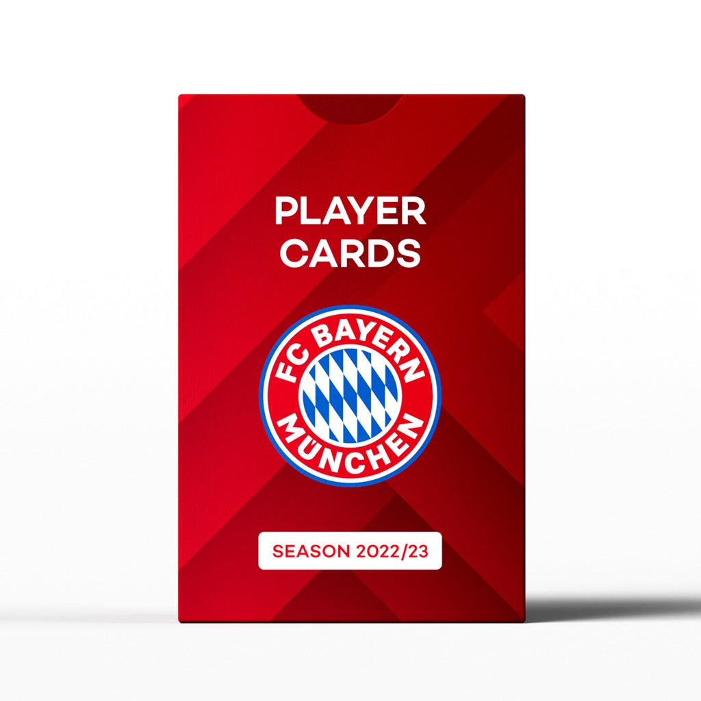 The Superclub: FC Bayern München Player Cards 2022/23 by Superclub is a red box with the club logo and season details, displaying squad collectible cards against a white background.