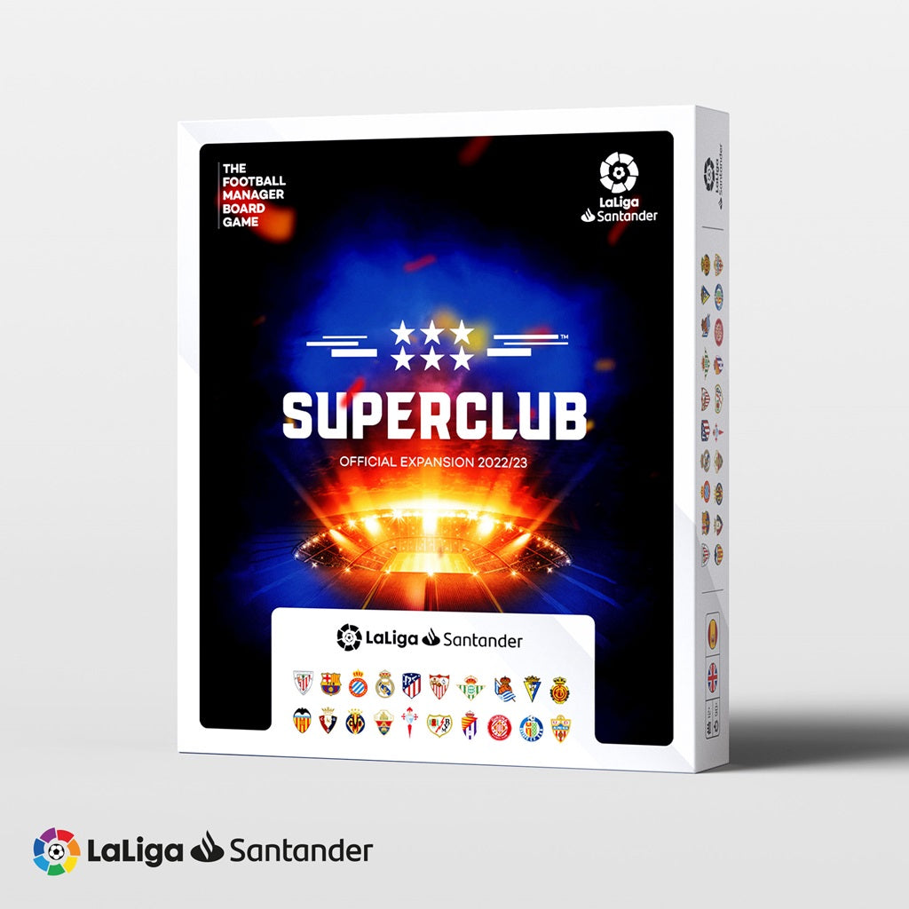 The Superclub: LaLiga Expansion box by Superclub is white with the LaLiga Santander logo, club logos, and bold white and red text on a blue background featuring stadium lights.