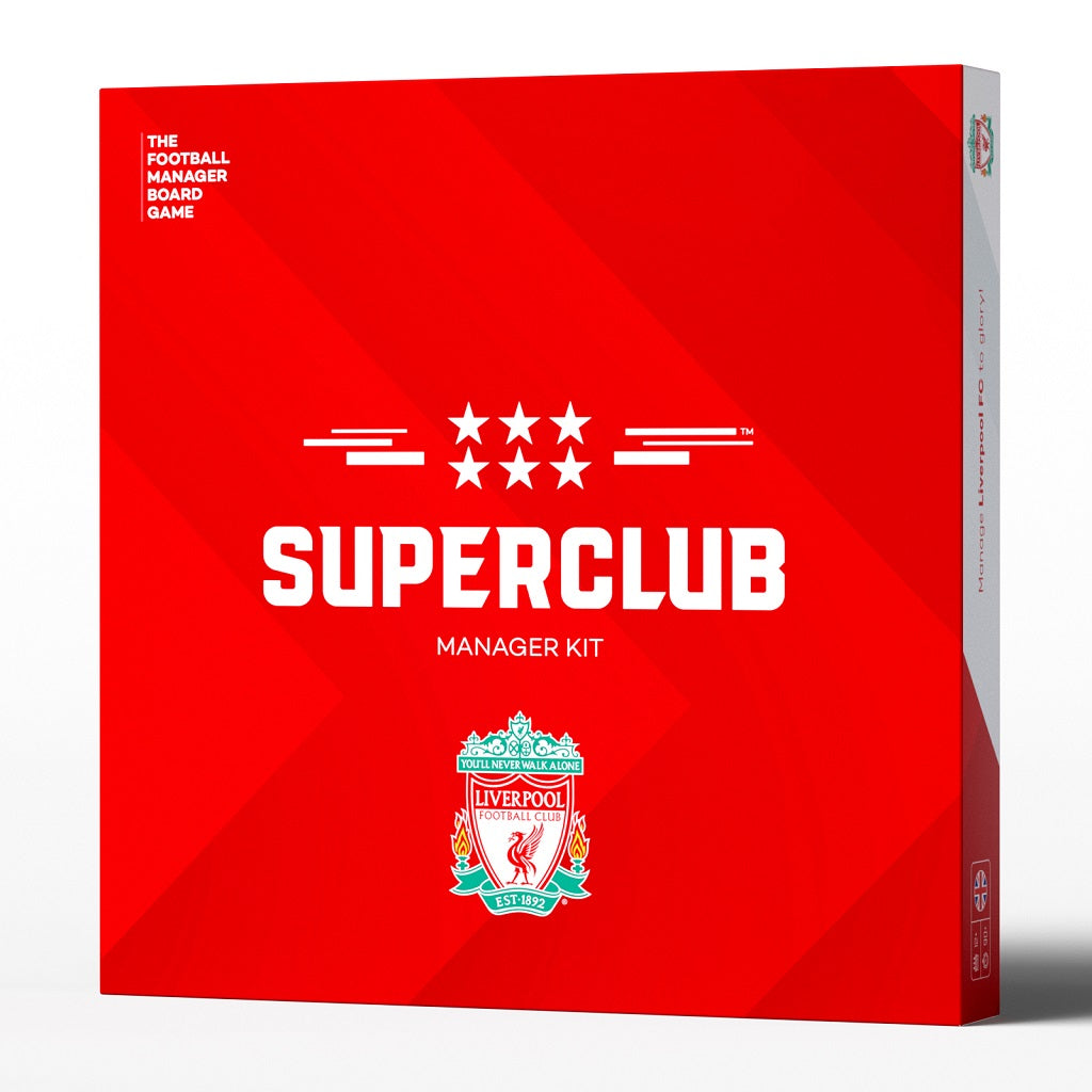 A sleek red box with white text displays "Superclub: Liverpool Manager Kit" and the Liverpool FC logo. “The Football Manager Board Game” appears in the top left, hinting at exclusive content like a manager folder inside. Brand: Superclub.