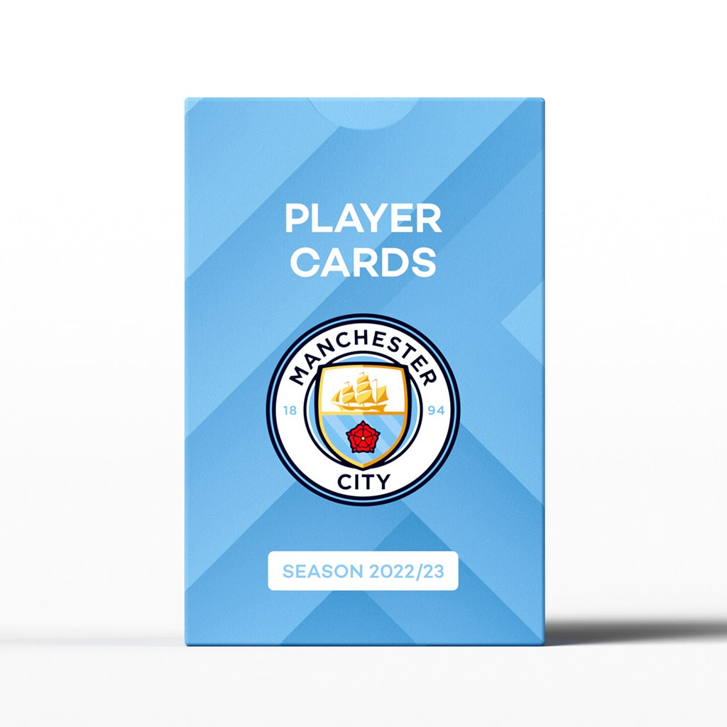 A light blue box with geometric patterns features the Manchester City FC logo and "PLAYER CARDS" above it, showcasing Superclub: Manchester City Player Cards 2022/23 by Superclub. A label below reads SEASON 2022/23.