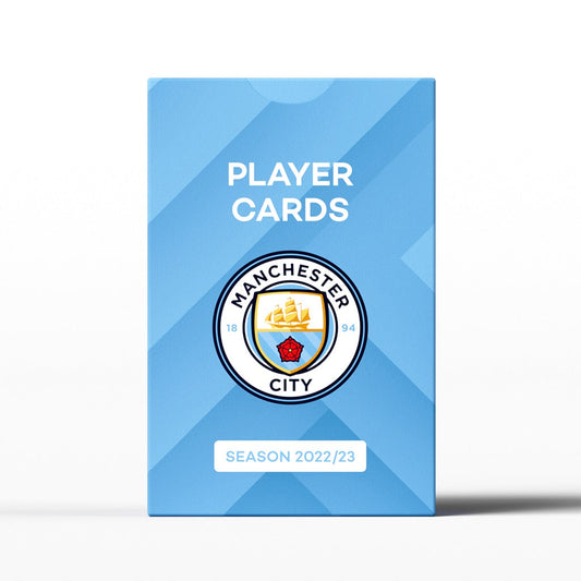 A light blue box with geometric patterns features the Manchester City FC logo and "PLAYER CARDS" above it, showcasing Superclub: Manchester City Player Cards 2022/23 by Superclub. A label below reads SEASON 2022/23.