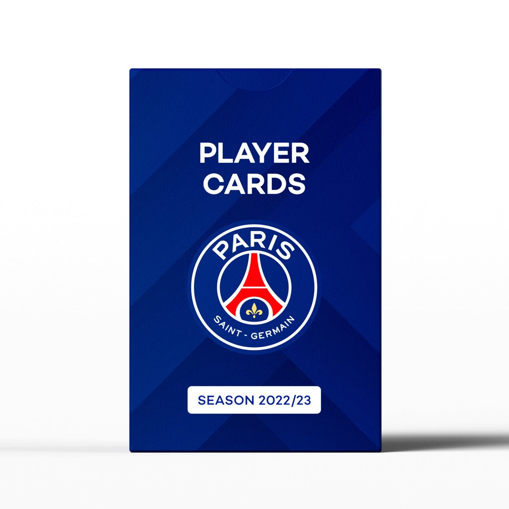 The Superclub: PSG Player Cards 2022/23 by Superclub comes in a blue box with the Paris Saint-Germain logo and “Season 2022/23” on the front, containing collectible cards of PSG squad players.