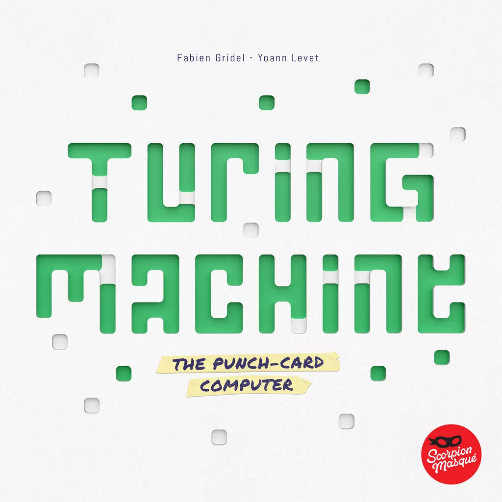 The white cover of Turing Machine by Scorpion Masqué features green block text, punch card holes, the subtitle "The Punch-Card Computer," and a red Scorpion Masqué logo in the bottom right corner.