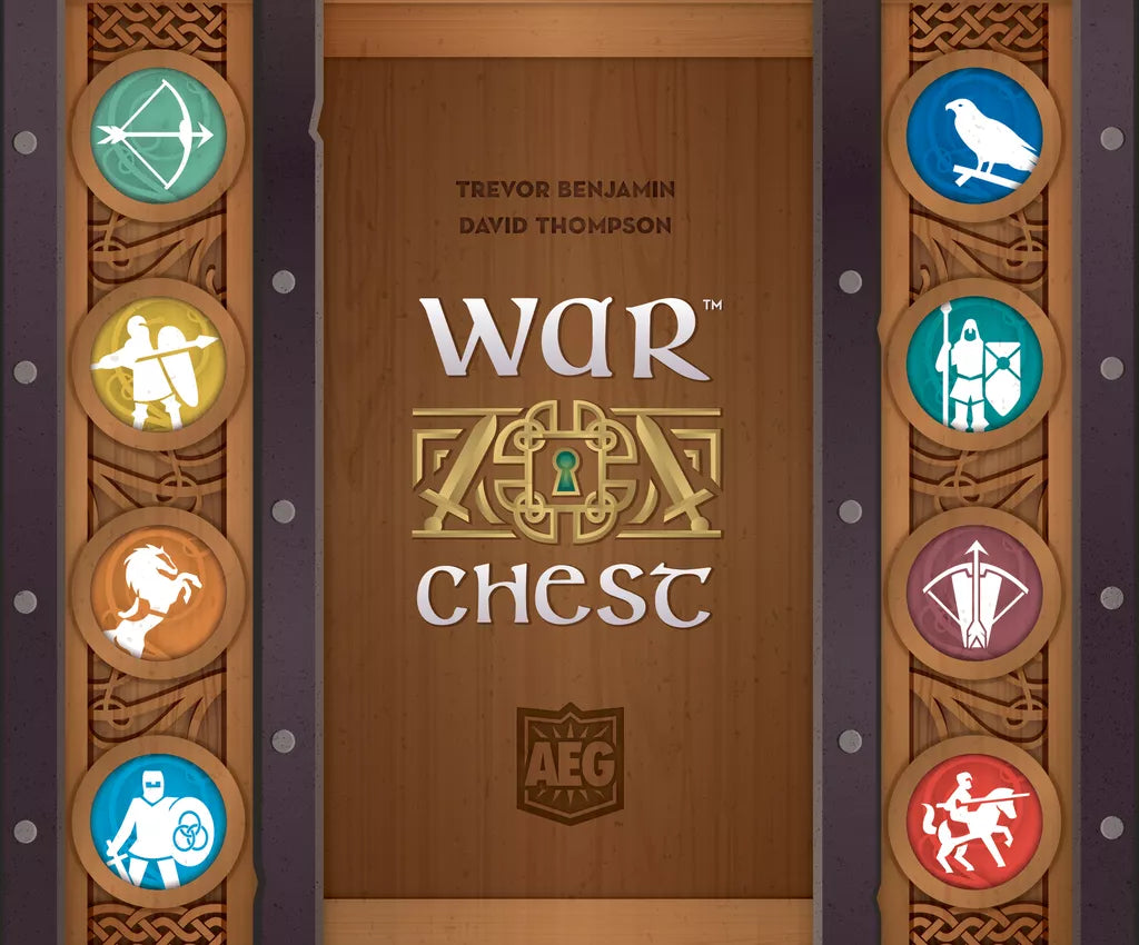 The cover of Alderac Entertainment Group’s War Chest displays the title centered between wooden panels, with eight circular icons representing different medieval units like knights, archers, and animals.