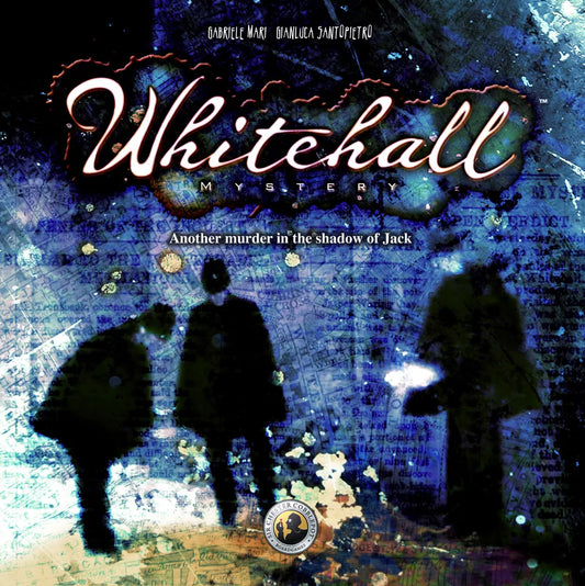 Three shadowy figures stand beneath streetlights in a dark, abstract city near the Metropolitan Police HQ. Above them, "Whitehall Mystery" by Giochix and "Another murder in the shadow of Jack" appear, heightening the suspenseful mood.