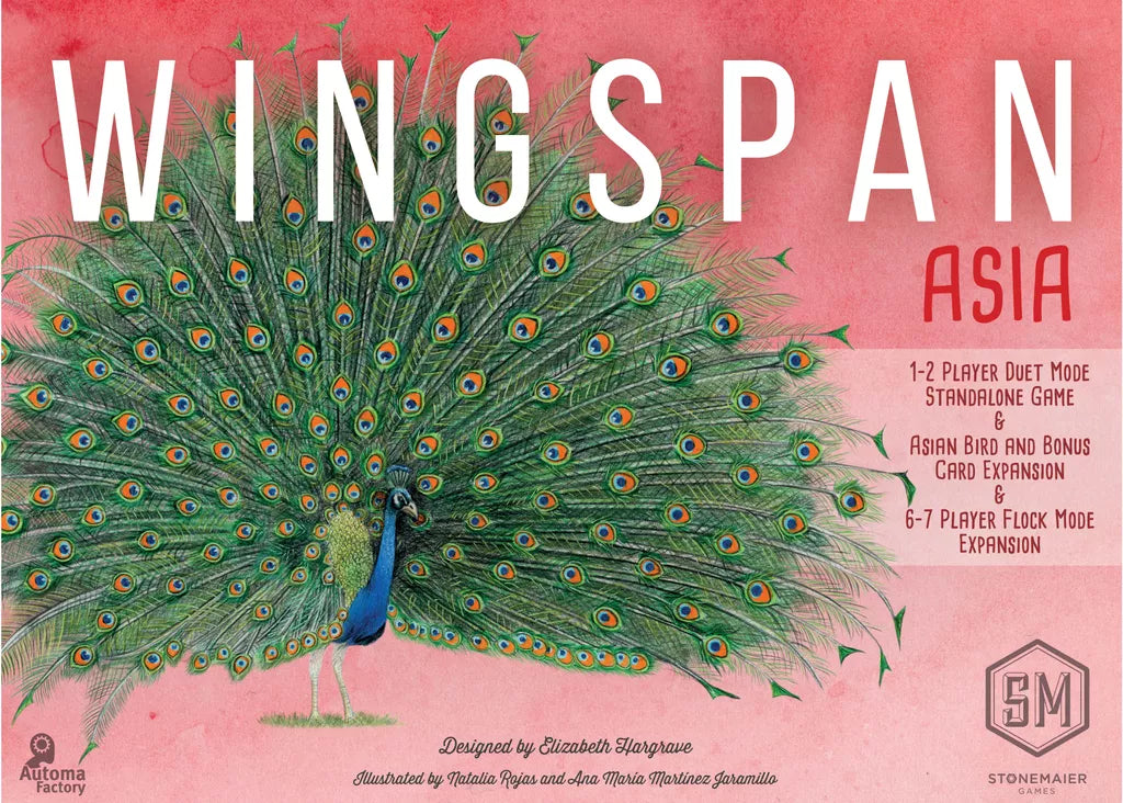 A vibrant peacock with its tail fanned sits on a pink background, highlighting Wingspan Asia Expansion, a bird card game by Stonemaier Games. The publisher and designer names appear below.