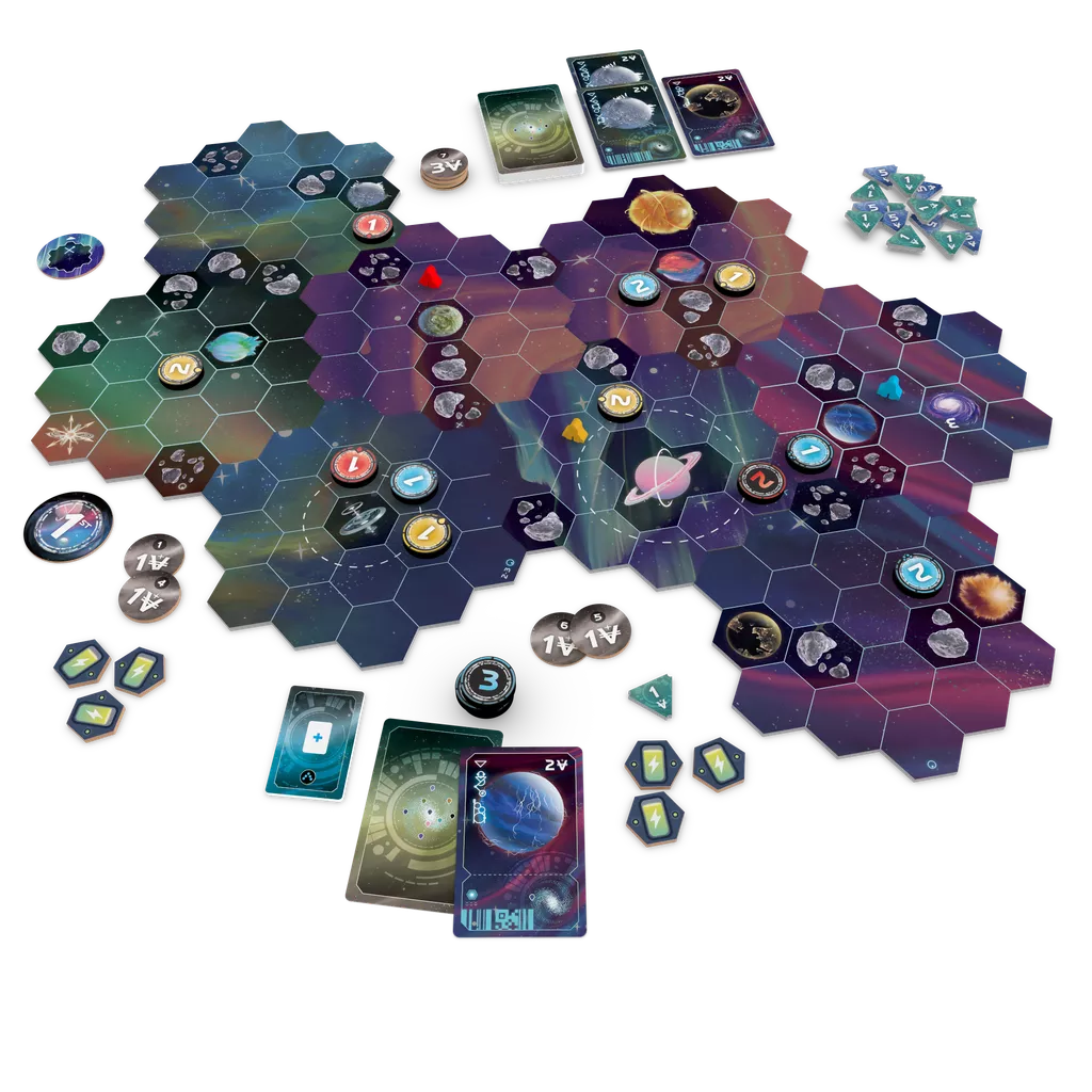 Wormholes by Alderac Entertainment Group is a spacefaring strategy game with hexagonal tiles depicting planets and stars, plus tokens, cards, and player markers neatly arranged around the board on a white background.