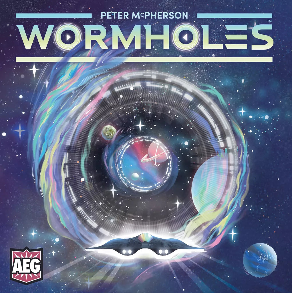 Vibrant sci-fi art of a swirling space wormhole with planets and stars. "Wormholes" title at the top, Alderac Entertainment Group logo bottom left—ideal for pick-up-and-deliver and wormhole board game fans.
