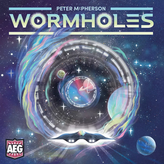 Vibrant sci-fi art of a swirling space wormhole with planets and stars. "Wormholes" title at the top, Alderac Entertainment Group logo bottom left—ideal for pick-up-and-deliver and wormhole board game fans.